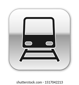 Black Train icon isolated on white background. Public transportation symbol. Subway train transport. Metro underground. Silver square button. Vector Illustration