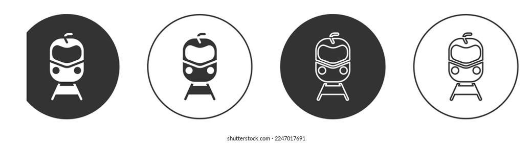 Black Train and railway icon isolated on white background. Public transportation symbol. Subway train transport. Metro underground. Circle button. Vector