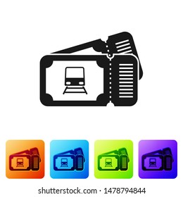 Black Train ticket icon isolated on white background. Travel by railway. Set icons in color square buttons. Vector Illustration