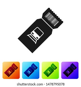 Black Train ticket icon isolated on white background. Travel by railway. Set icons in color square buttons. Vector Illustration