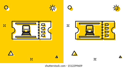 Black Train ticket icon isolated on yellow and white background. Travel by railway. Random dynamic shapes. Vector Illustration