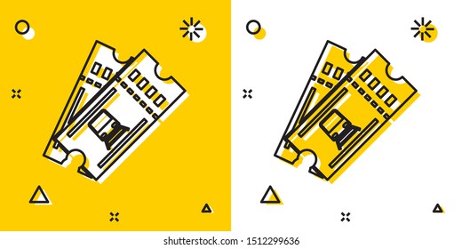 Black Train ticket icon isolated on yellow and white background. Travel by railway. Random dynamic shapes. Vector Illustration