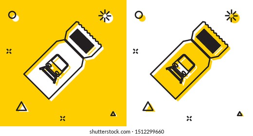 Black Train ticket icon isolated on yellow and white background. Travel by railway. Random dynamic shapes. Vector Illustration