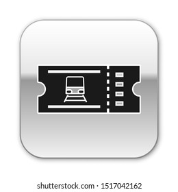 Black Train ticket icon isolated on white background. Travel by railway. Silver square button. Vector Illustration