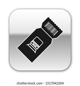 Black Train ticket icon isolated on white background. Travel by railway. Silver square button. Vector Illustration