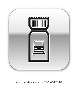 Black Train ticket icon isolated on white background. Travel by railway. Silver square button. Vector Illustration