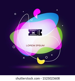 Black Train ticket icon isolated on dark blue background. Travel by railway. Abstract banner with liquid shapes. Vector Illustration