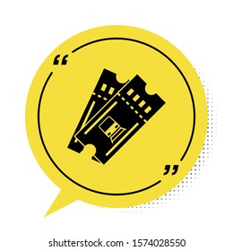 Black Train ticket icon isolated on white background. Travel by railway. Yellow speech bubble symbol. Vector Illustration