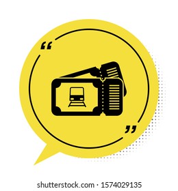 Black Train ticket icon isolated on white background. Travel by railway. Yellow speech bubble symbol. Vector Illustration