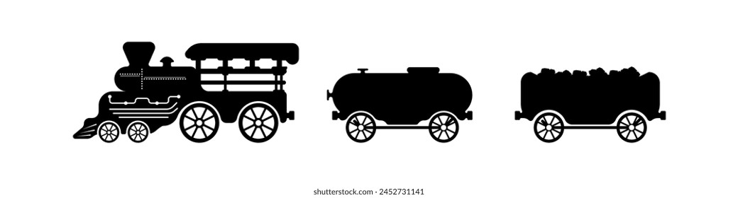 Black train vector icon. Cargo train logo. Silhouette of a vintage locomotive vector. Railroad vector icon. Cabin of the train with trailers icons. Vector illustration.