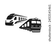 Black train vector. Two train silhouettes for railway companies vector. Railroad logo vector icon. Crossing of trains vector. Movement of trains in different directions.
