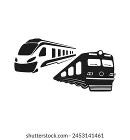 Vector de tren negro. Dos siluetas de tren para el Vector de las empresas ferroviarias. Icono de Vector con logo del ferrocarril. Cruce de trenes Vector. Movimiento de trenes en diferentes direcciones.