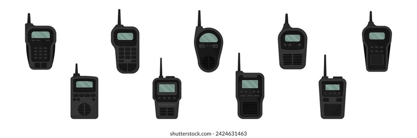 Black Transceiver or Walkie-talkie as Radio Device with Antenna Vector Set