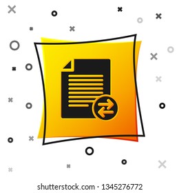 Black Transfer files icon isolated on white background. Copy files, data exchange, backup, PC migration, file sharing concepts. Yellow square button. Vector Illustration