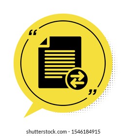 Black Transfer files icon isolated on white background. Copy files, data exchange, backup, PC migration, file sharing concepts. Yellow speech bubble symbol. Vector Illustration
