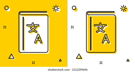 Black Translator book icon isolated on yellow and white background. Foreign language conversation icons in chat speech bubble. Translating concept. Random dynamic shapes. Vector Illustration