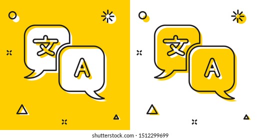 Black Translator icon isolated on yellow and white background. Foreign language conversation icons in chat speech bubble. Translating concept. Random dynamic shapes. Vector Illustration