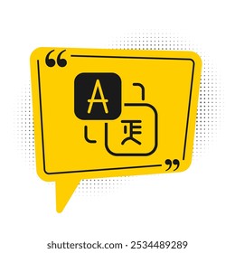 Ícone preto do Tradutor isolado em fundo branco. Ícones de conversação em idiomas estrangeiros no balão de fala do bate-papo. Traduzindo conceito. Símbolo de balão de fala amarelo. Vetor