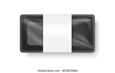 Mochila del contenedor de la bandeja de comida de plástico transparente negro vacío y desechable. Caja de protección para el embalaje y entrega de comidas en supermercados. Ilustración vectorial realista