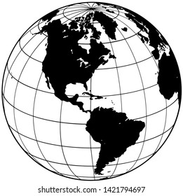 Black and transparent isolated globe, modern drawn element. Earth symbol, with meridians. The side of America. 