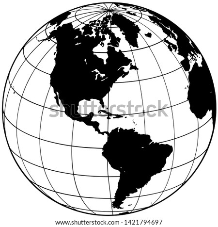 Black and transparent isolated globe, modern drawn element. Earth symbol, with meridians. The side of America. 