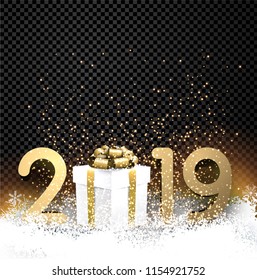 Black transparent shiny 2019 New Year background with gold figures, gift box and snow. Greeting card or decoration template. Vector illustration.
