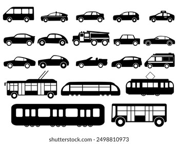 Black transport icons. Black urban vehicles big set. Cars trams bus train silhouettes. Isolated fire car, police ambulance taxi autos, nowaday vector set