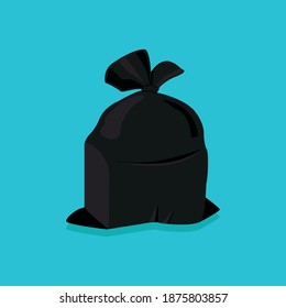 Black trash bag icon isolated on a blue background. Vector illustration EPS 10.