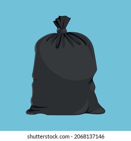 Black trash bag icon isolated on a light blue background. Cartoon filled trash bag icon. Vector illustration EPS 10.