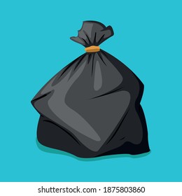 Black trash bag icon whith shadow isolated on a  blue background. Vector illustration EPS 10.