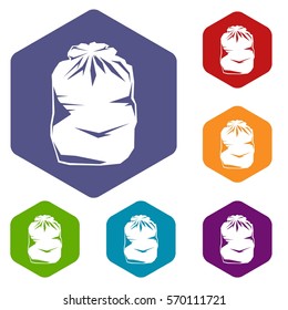 Black trash bag icons set rhombus in different colors isolated on white background