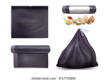 Montaje de bolsas de basura negras, ilustración vectorial aislada en fondo blanco. Rollo realista, vacío y lleno de bolsas plásticas de basura. Bolsas de desperdicios de comida para la cocina, botellas de ropa.