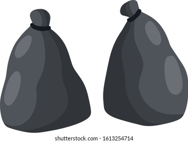 Black trash bag and trash. set of objects. Cartoon flat illustration. problem of ecology and junk. Plastic packaging. Processing of wastes