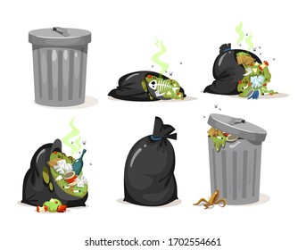 Black trash bags and garbage metal can set vector illustration. Falling rotten smelly rubbish and leftovers cartoon design. Ecology and environment concept. Isolated on white background