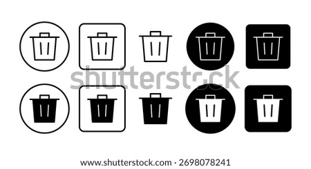 Black trash bin icons symbolizing delete, remove, or clean actions. Perfect for data management and digital interfaces.