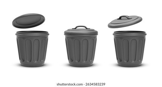 Black Trash Bin With Lid in Different Angles. Realistic Waste Container in Minimal Style for Garbage Sorting or Industrial Use. Clean Plastic Object. Vector Illustration