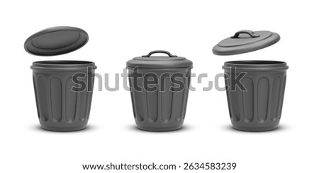 Black Trash Bin With Lid in Different Angles. Realistic Waste Container in Minimal Style for Garbage Sorting or Industrial Use. Clean Plastic Object. Vector Illustration