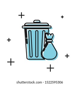 Black Trash can and garbage bag icon isolated on white background. Garbage bin sign. Recycle basket icon. Office trash icon.  Vector Illustration