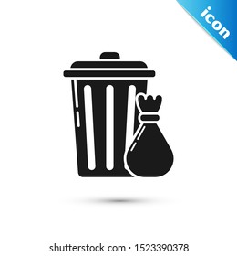 Black Trash can and garbage bag icon isolated on white background. Garbage bin sign. Recycle basket icon. Office trash icon.  Vector Illustration