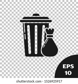 Black Trash can and garbage bag icon isolated on transparent background. Garbage bin sign. Recycle basket icon. Office trash icon.  Vector Illustration