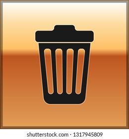 Black Trash can icon isolated on gold background. Garbage bin sign. Vector Illustration