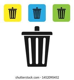 Black Trash can icon isolated on white background. Garbage bin sign. Recycle basket icon. Office trash icon. Set icons colorful square buttons. Vector Illustration