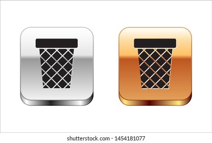 Black Trash can icon isolated on white background. Garbage bin sign. Recycle basket icon. Office trash icon. Silver-gold square button. Vector Illustration