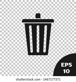 Black Trash can icon isolated on transparent background. Garbage bin sign. Recycle basket icon. Office trash icon.  Vector Illustration
