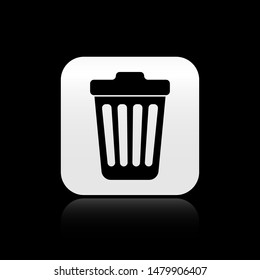 Black Trash can icon isolated on black background. Garbage bin sign. square button. Vector Illustration