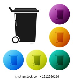 Black Trash can icon isolated on white background. Garbage bin sign. Recycle basket icon. Office trash icon. Set icons colorful circle buttons. Vector Illustration