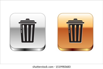 Black Trash can icon isolated on white background. Garbage bin sign. Recycle basket icon. Office trash icon. Silver-gold square button. Vector Illustration