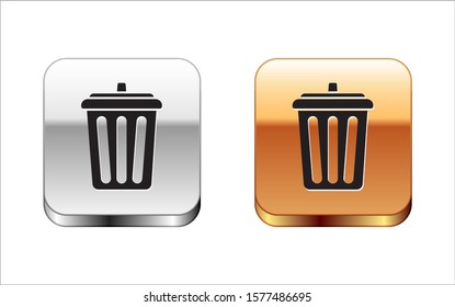 Black Trash can icon isolated on white background. Garbage bin sign. Recycle basket icon. Office trash icon. Silver-gold square button. Vector Illustration