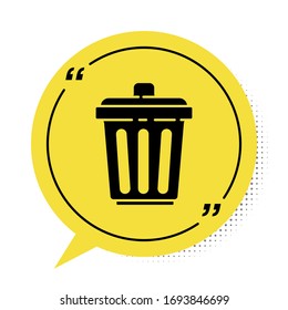 Black Trash can icon isolated on white background. Garbage bin sign. Recycle basket icon. Office trash icon. Yellow speech bubble symbol. Vector Illustration