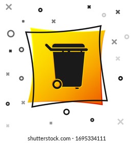 Black Trash can icon isolated on white background. Garbage bin sign. Recycle basket icon. Office trash icon. Yellow square button. Vector Illustration